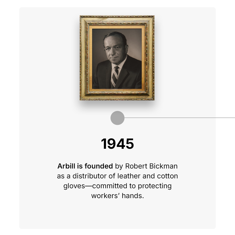 1945 Arbill is founded by Robert Bickman as a distributor of leather and cotton gloves—committed to protecting workers’ hands.