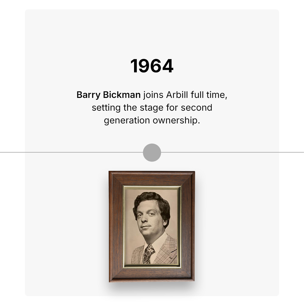 1964 Barry Bickman, joins Arbill full time setting the stage for second generation ownership.