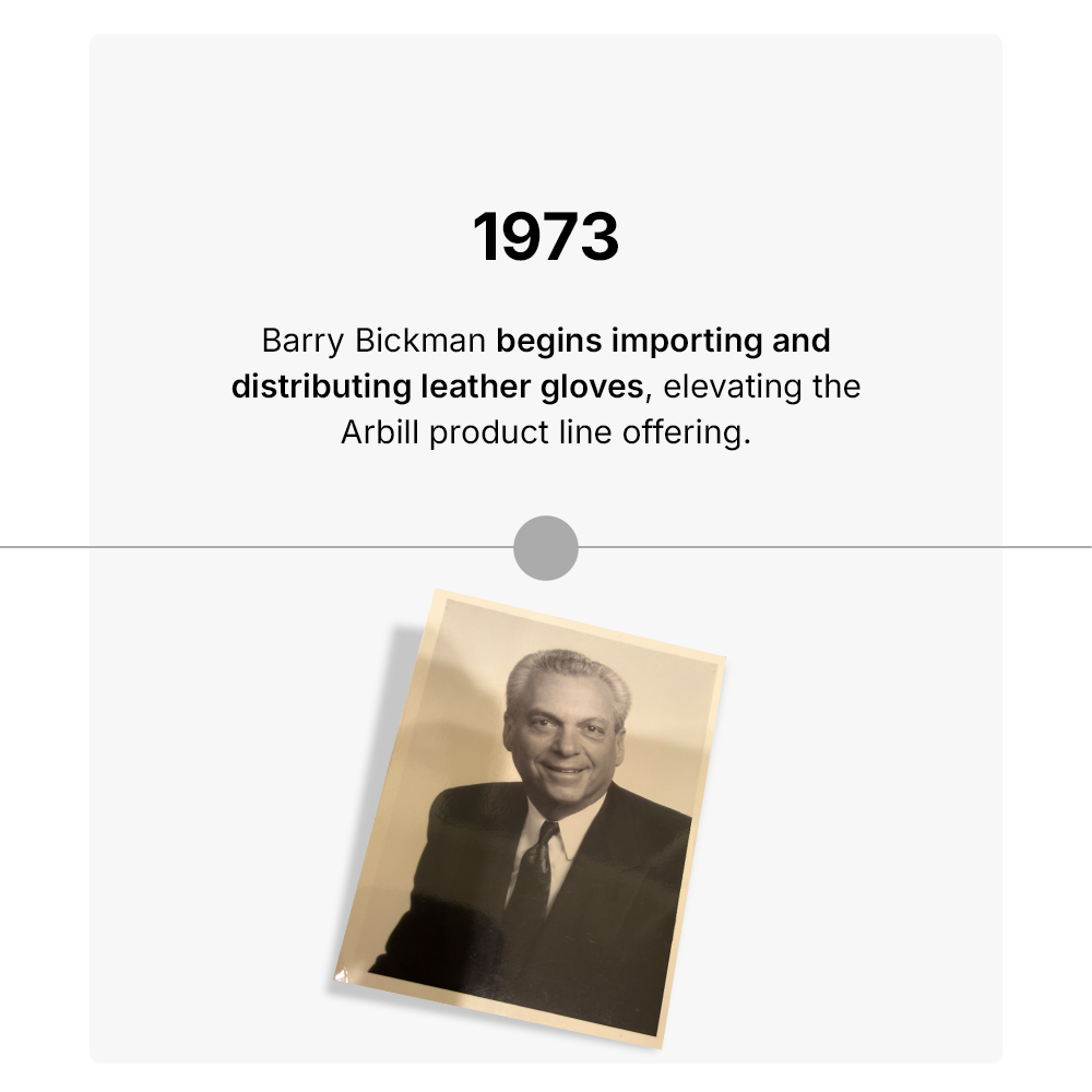 In 1973, Barry Bickman began importing and distributing leather gloves, elevating the Arbill product line offering.