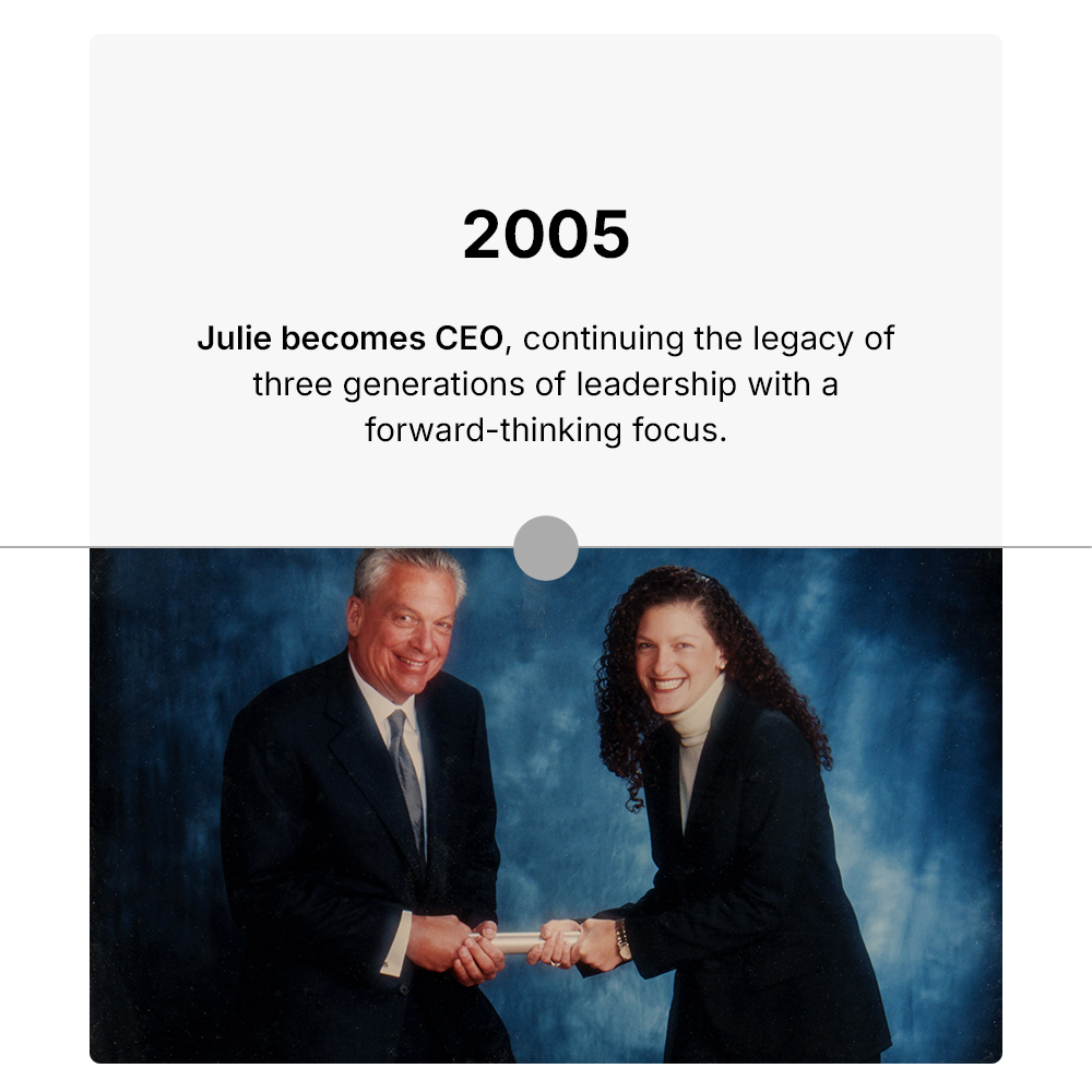 2005 Julie becomes CEO, continuing the legacy of three generations of leadership with a forward-thinking focus.