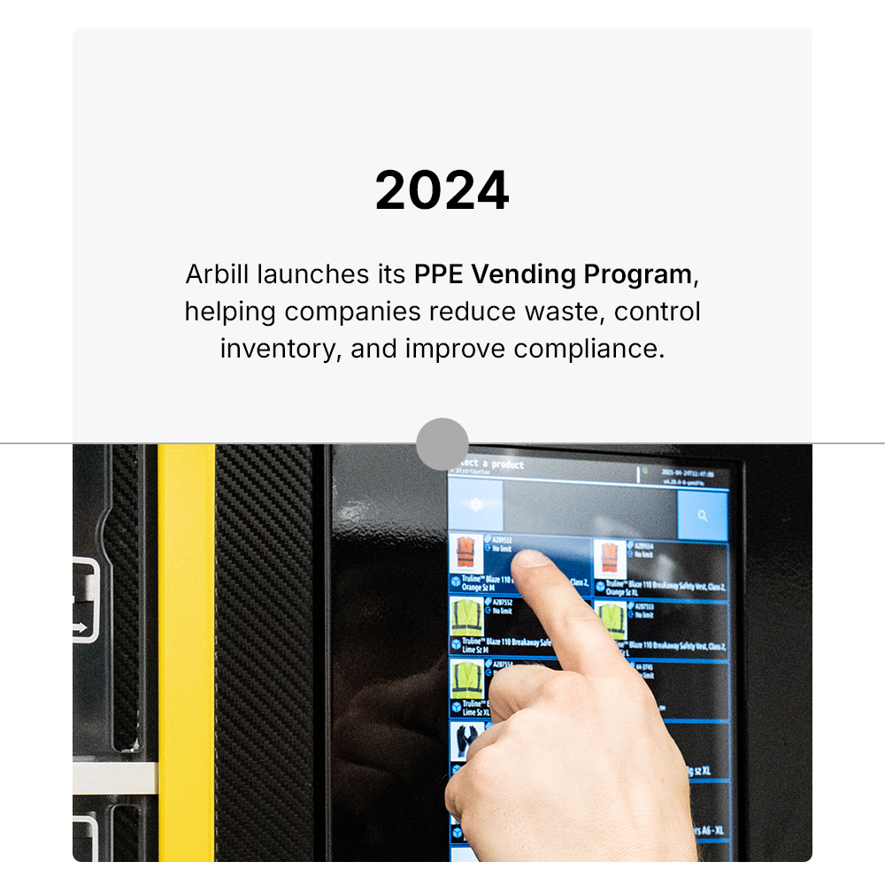 2024 Arbill launches its PPE Vending Program, helping companies reduce waste, control inventory, and improve compliance.