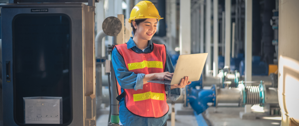 Woman checking safety program on laptop