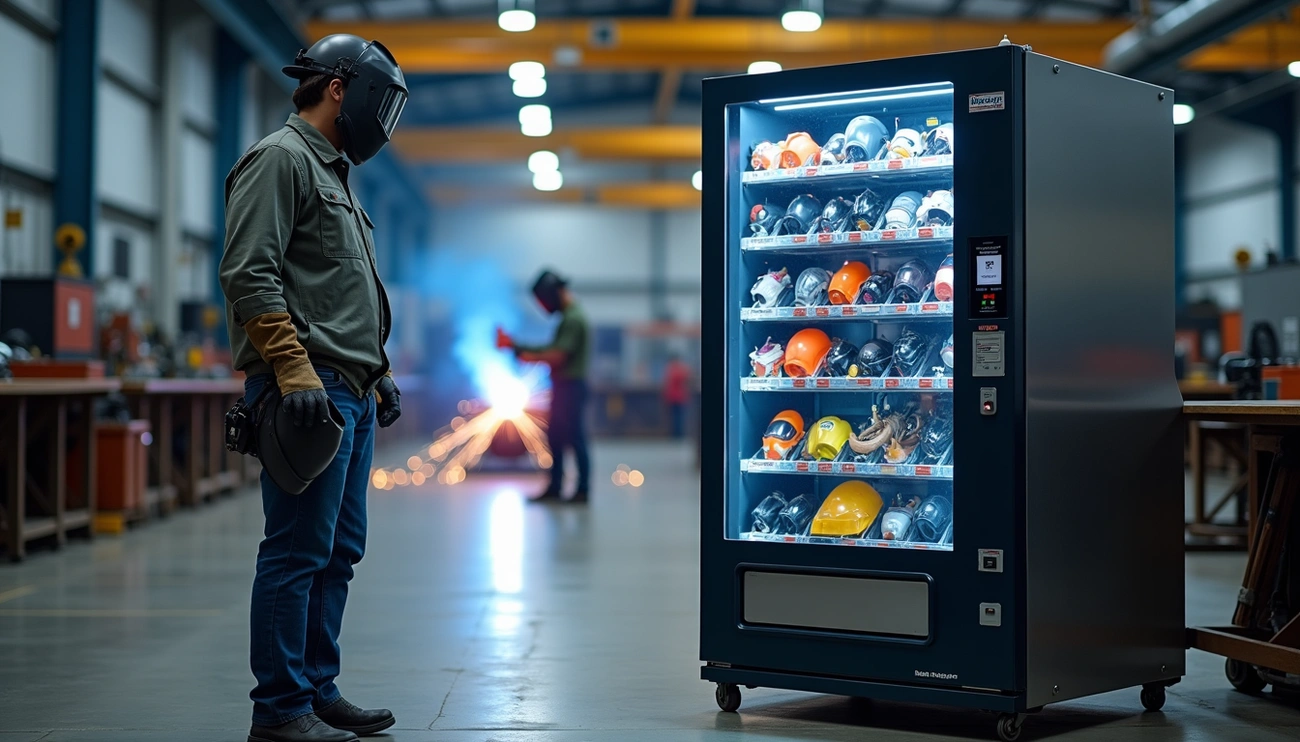 A PPE Vending Machine and worker