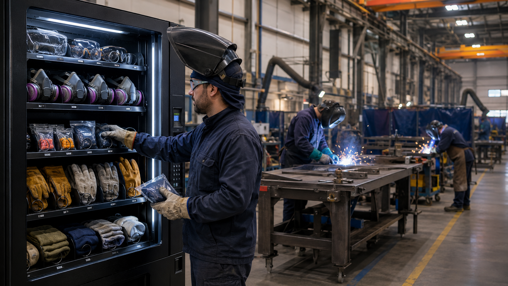 Welder retrieving PPE from a vending machine on a busy welding floor while workers fabricate metal in the background