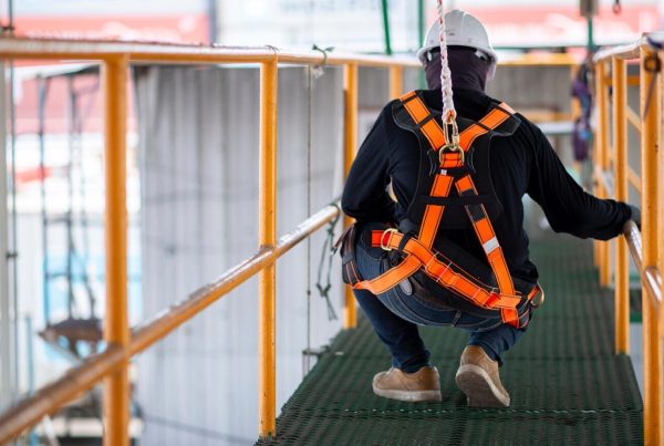 Construction worker wearing safety harness and safety line working on construction