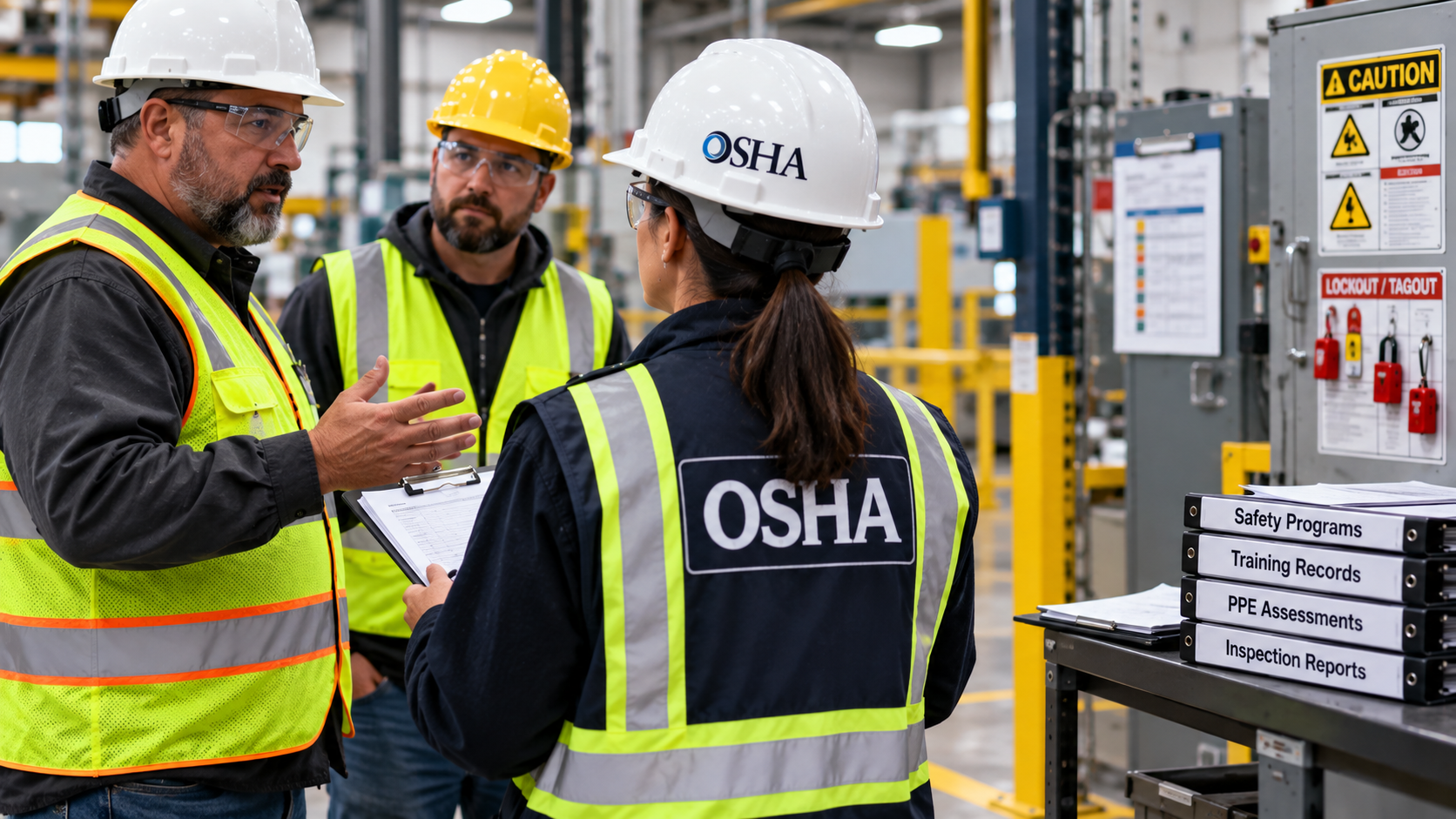 OSHA safety inspection with an inspector reviewing workplace conditions, safety records, lockout:tagout procedures, and employee compliance in an industrial facility
