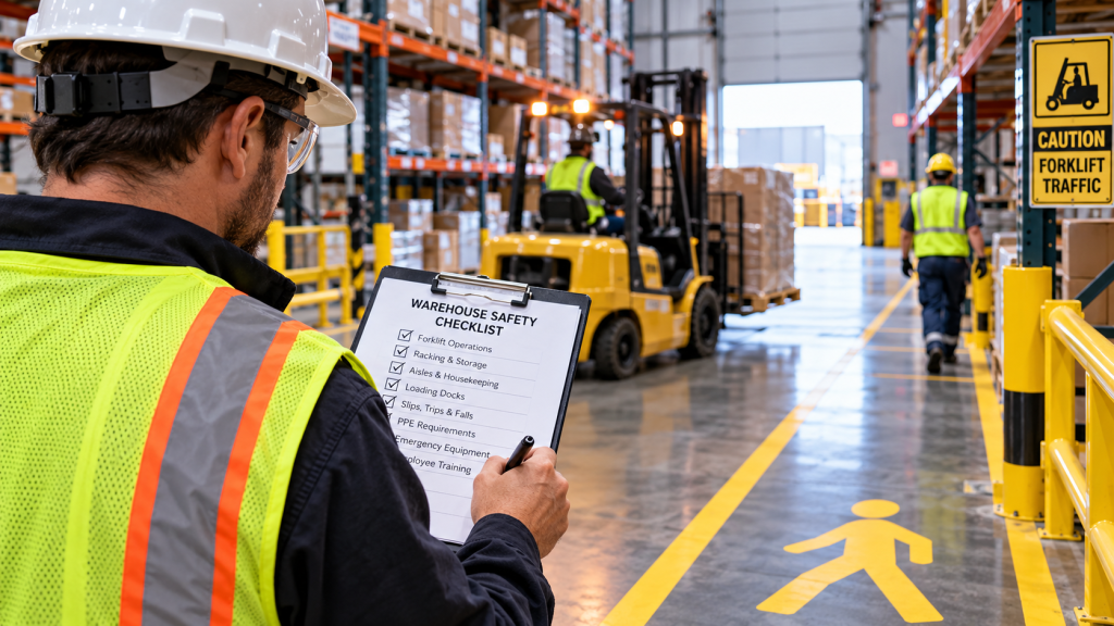 Warehouse safety inspection with a supervisor reviewing a checklist near forklifts, storage racks, marked walkways, and workers in high-visibility PPE
