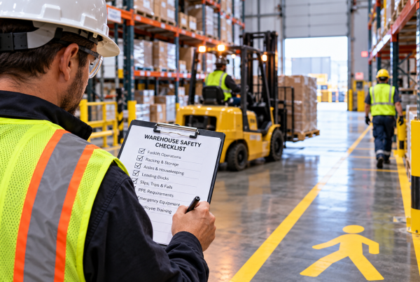 Warehouse safety inspection with a supervisor reviewing a checklist near forklifts, storage racks, marked walkways, and workers in high-visibility PPE