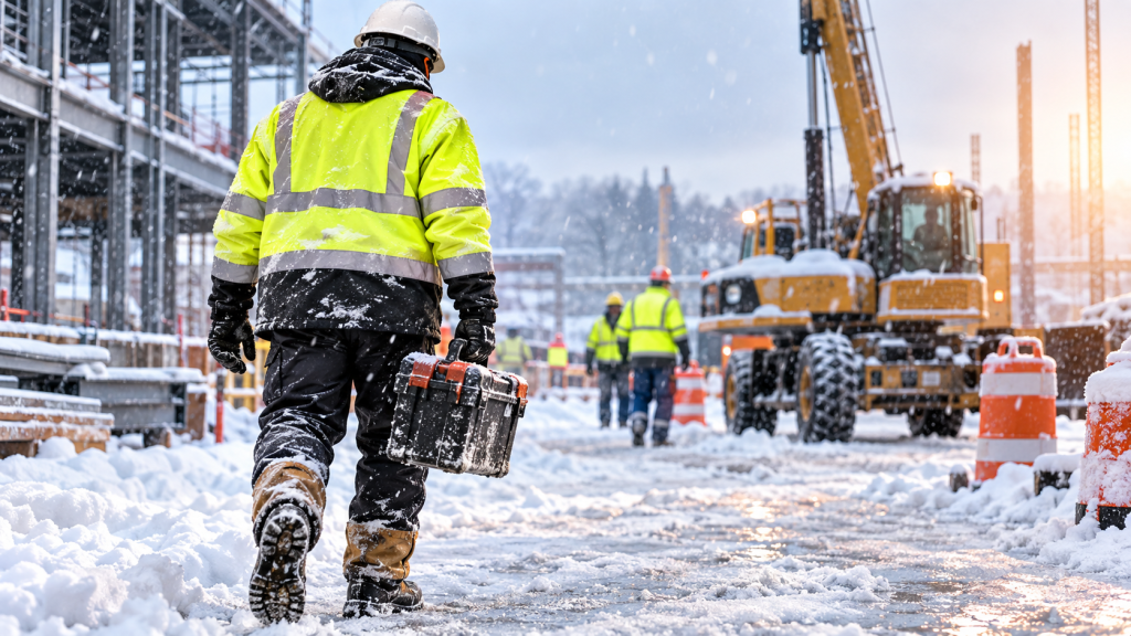 Winter job site safety with workers in high-visibility clothing walking through snow and ice near heavy construction equipment