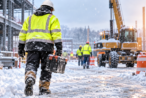 Winter job site safety with workers in high-visibility clothing walking through snow and ice near heavy construction equipment